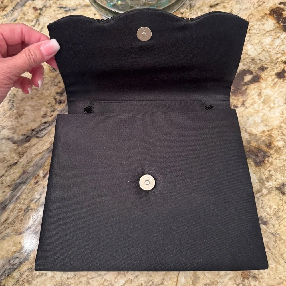 Black satin evening clutch or crossbody scalloped flap rhinestone trim 7.5”